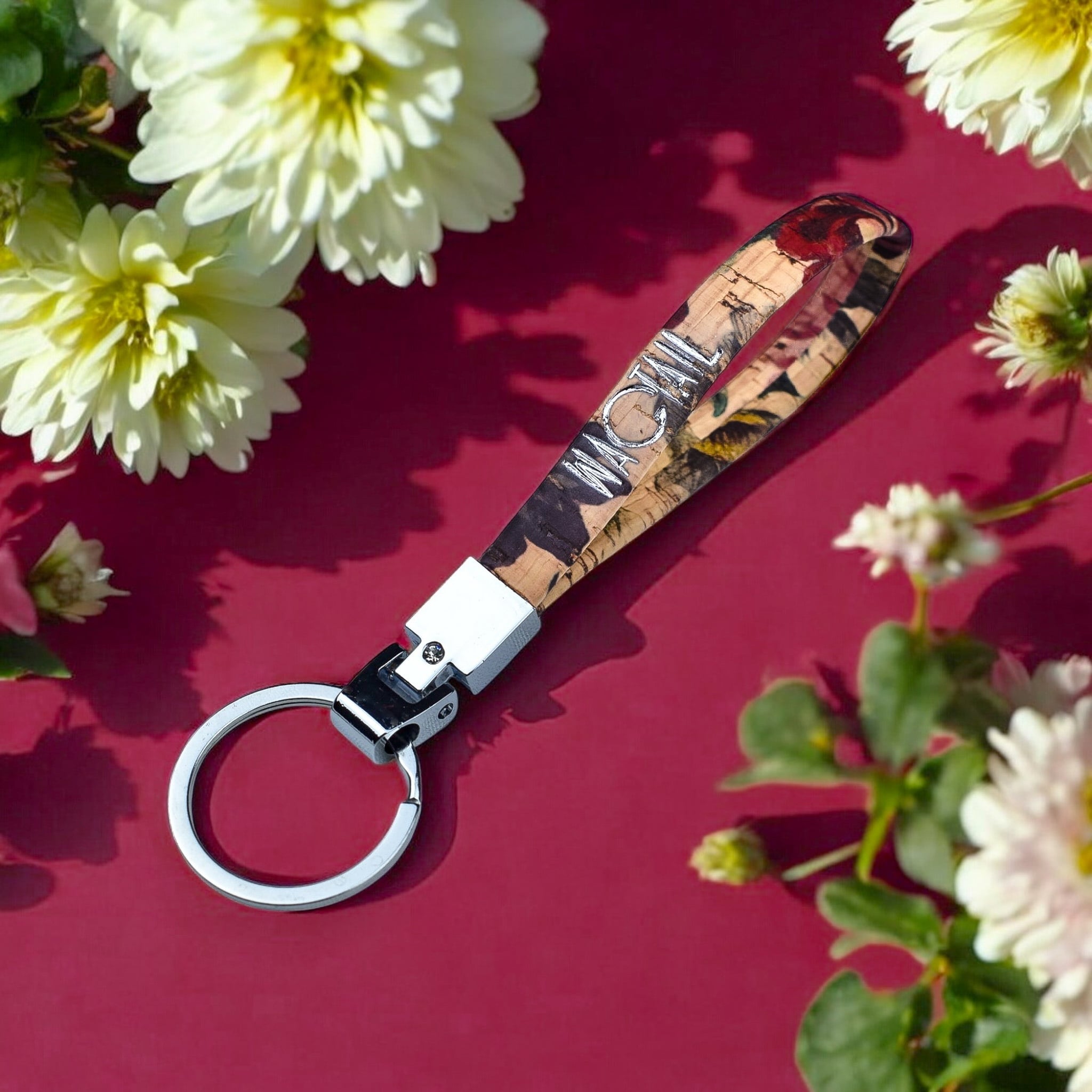 Avaimenperä kukallinen valmistettu käsityönä Suomessa